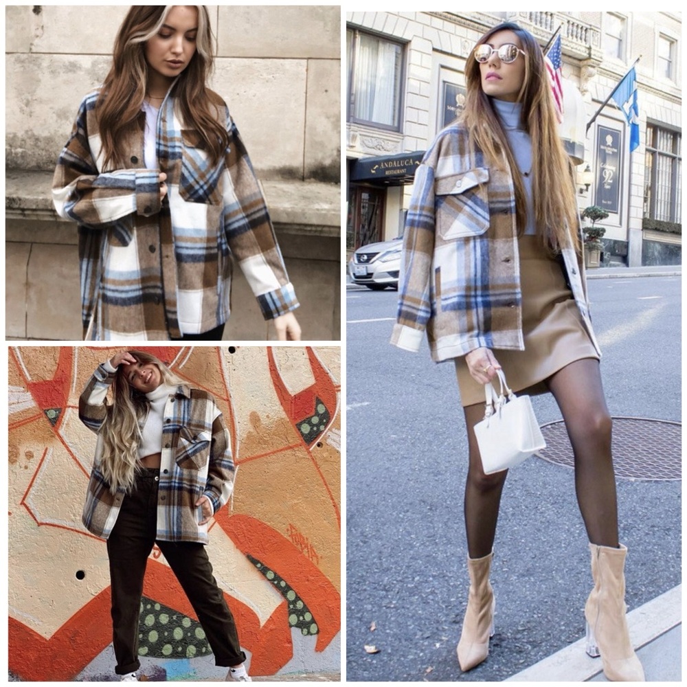 Zara Oversized Relaxed Plaid Checkered Print Wool Blend Shacket Shirt Jacket XS